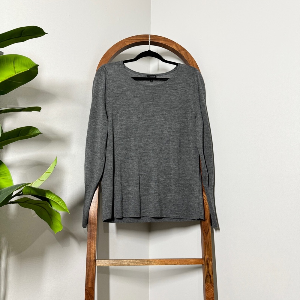 Talbots LARGE Gray 100% Merino Wool Pearl Cuff Lightweight Knit Sweater